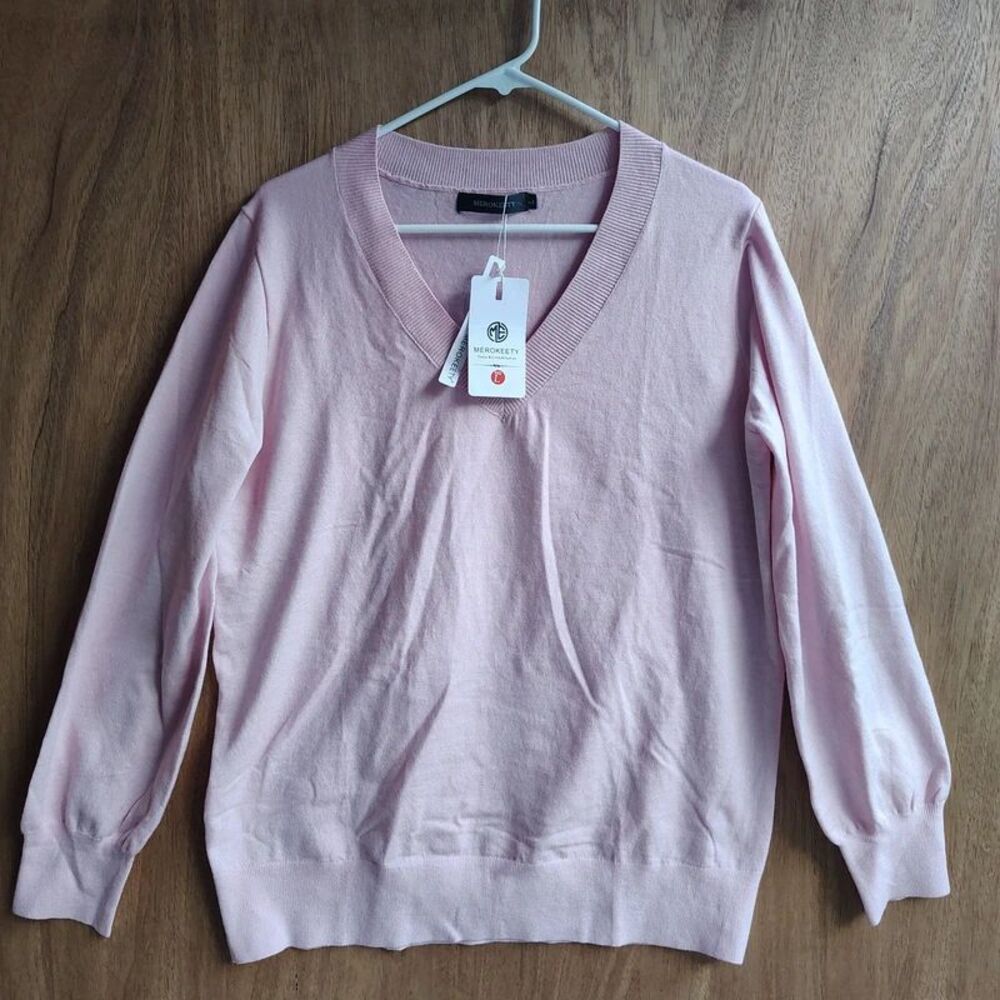 Merokeety V Neck Long Sleeve Pink Sweater Size L NWT New